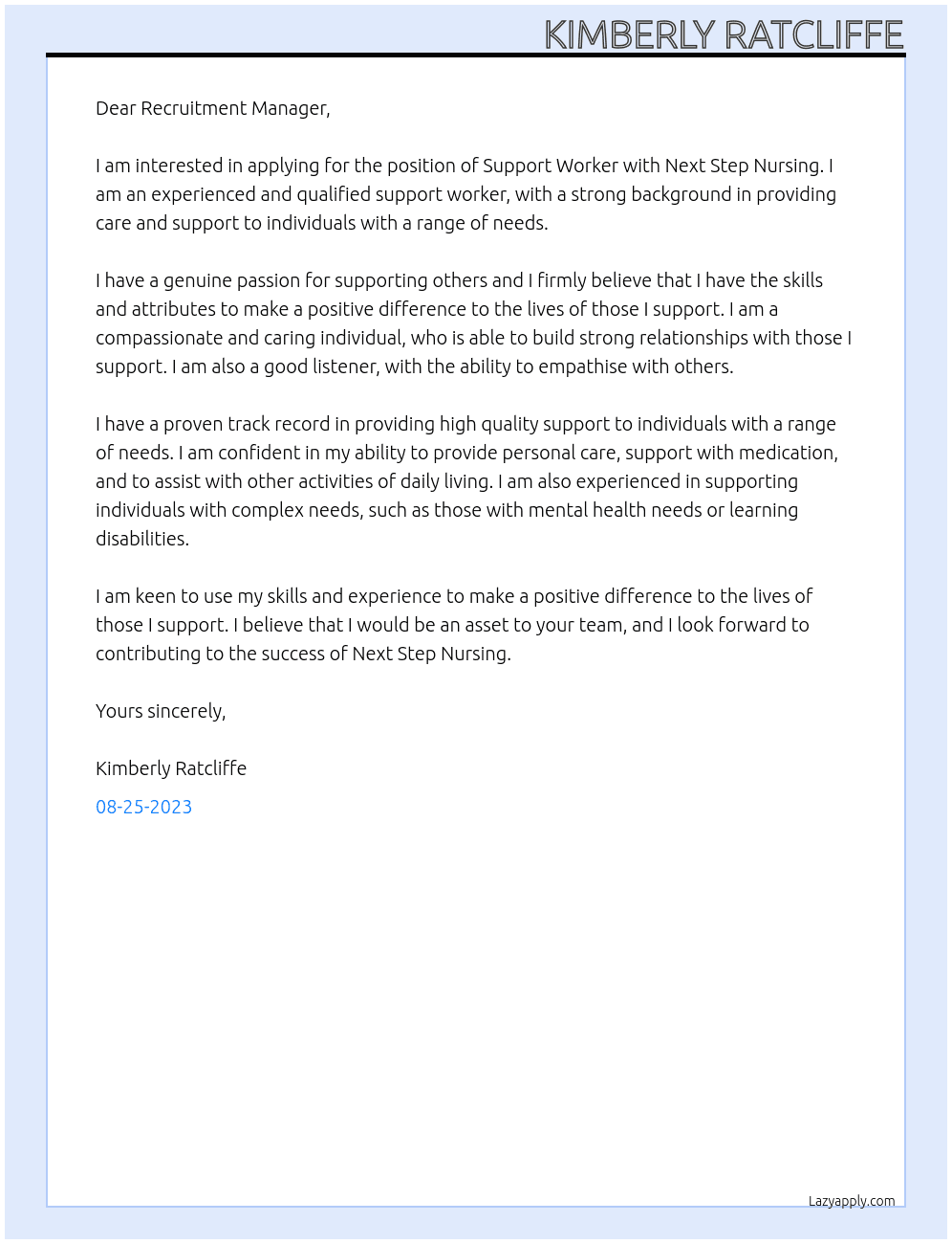 Support Worker At Next Step Nursing Cover Letter