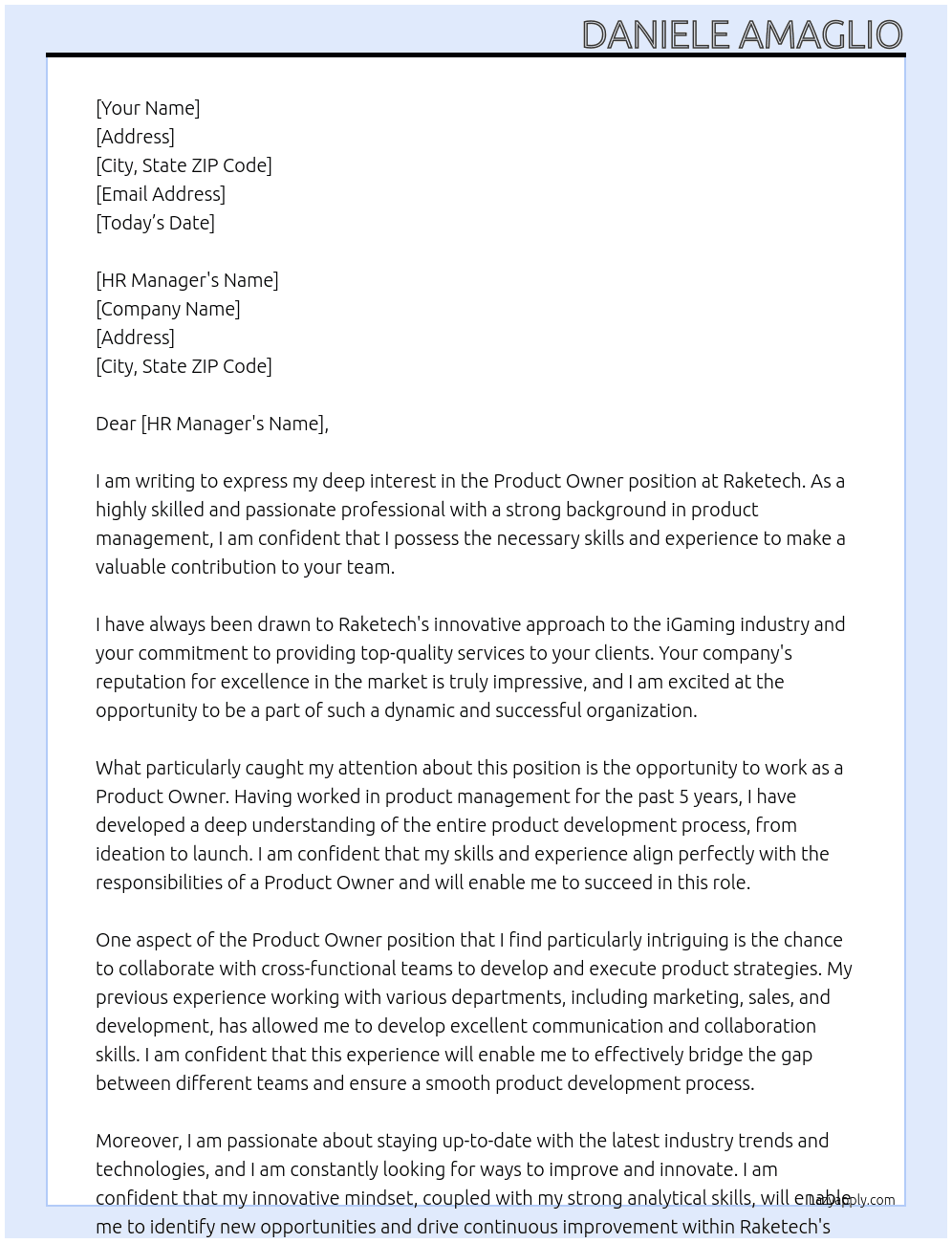 Product owner At Raketech Cover Letter