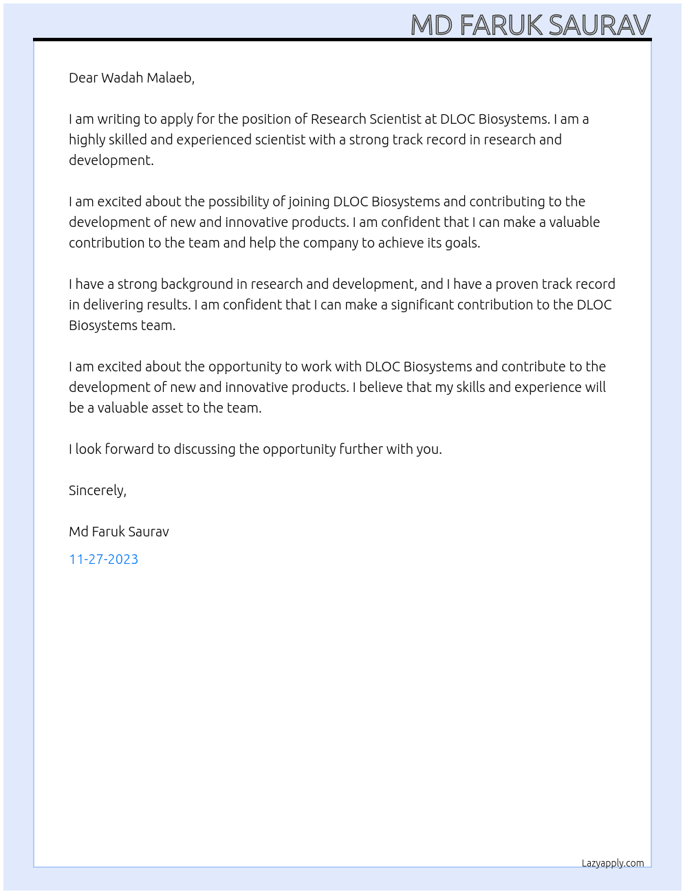 Research Scientist At DLOC Biosystems Cover Letter