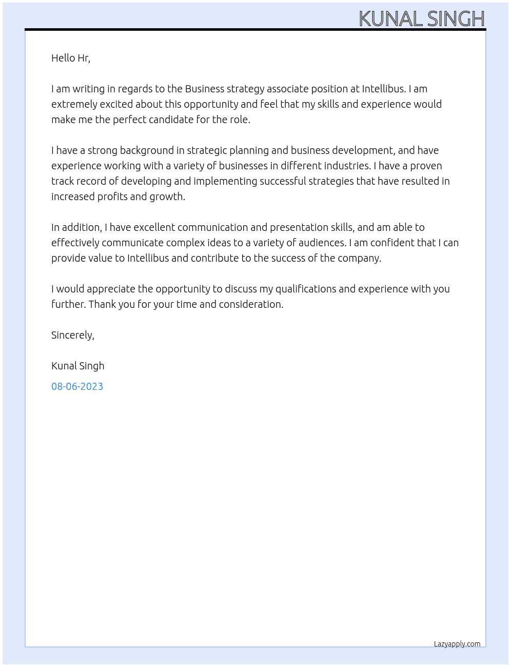 Business strategy associate  At Intellibus Cover Letter