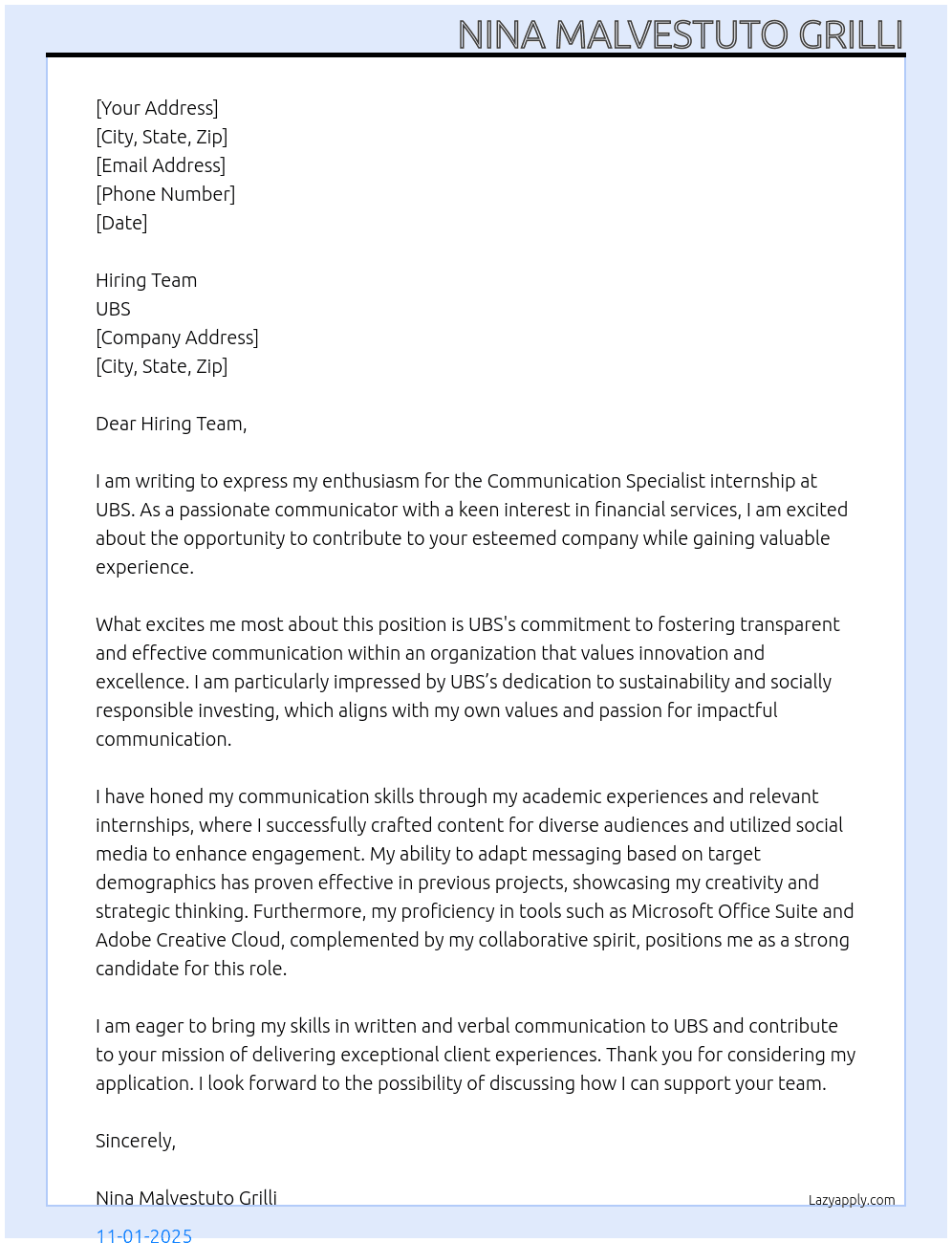 Communication Specialist At UBS Cover Letter