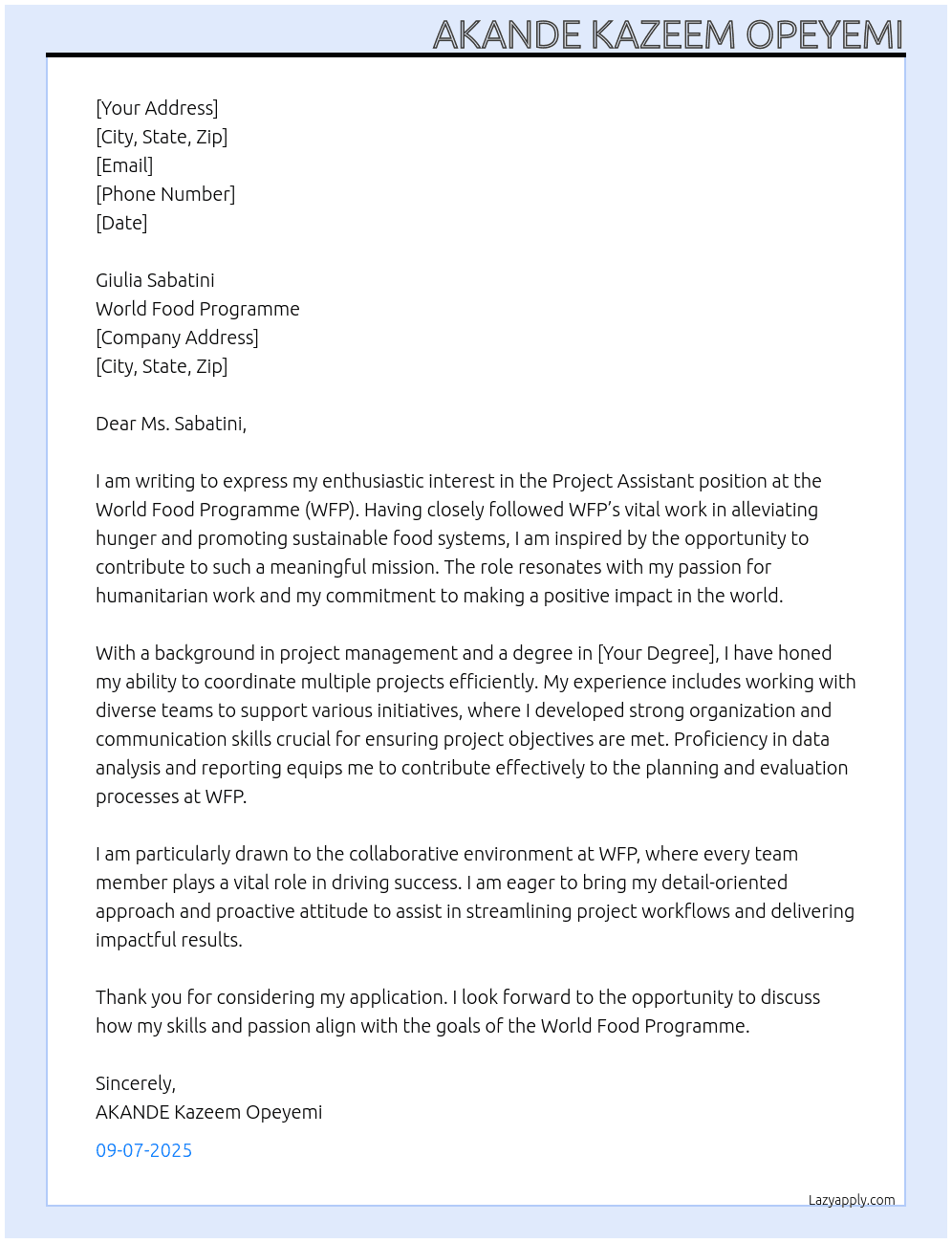 Project Assistant At World Food Programme Cover Letter