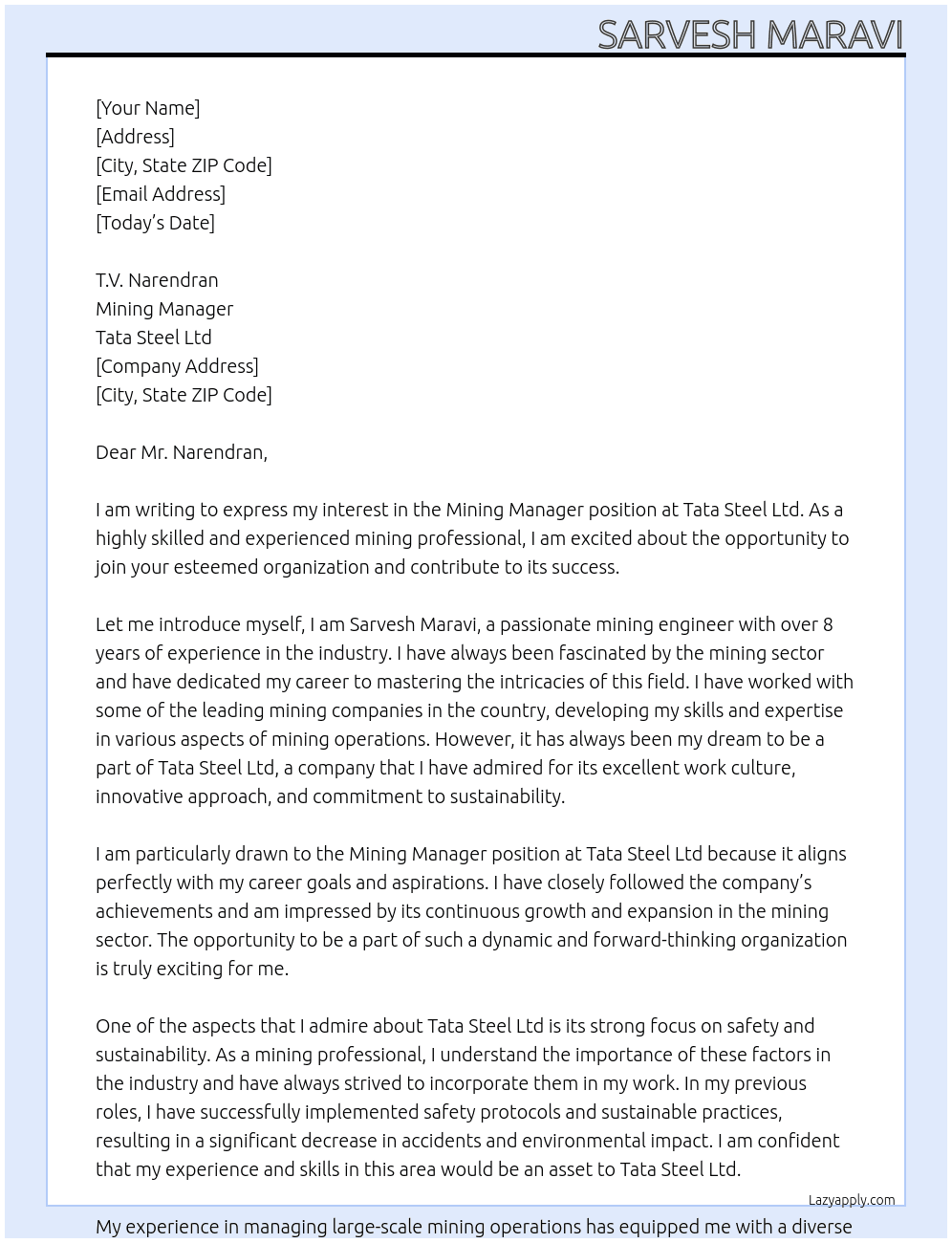 Mining manager At Tata steel Ltd Cover Letter