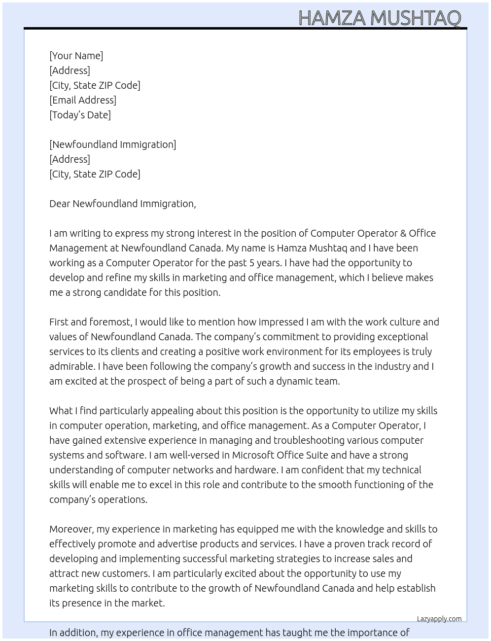 Computer Operator & office management  At Newfoundland canada  Cover Letter