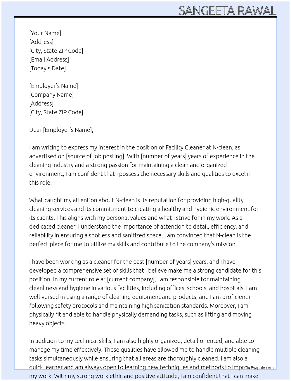 cleaner At N-clean Cover Letter