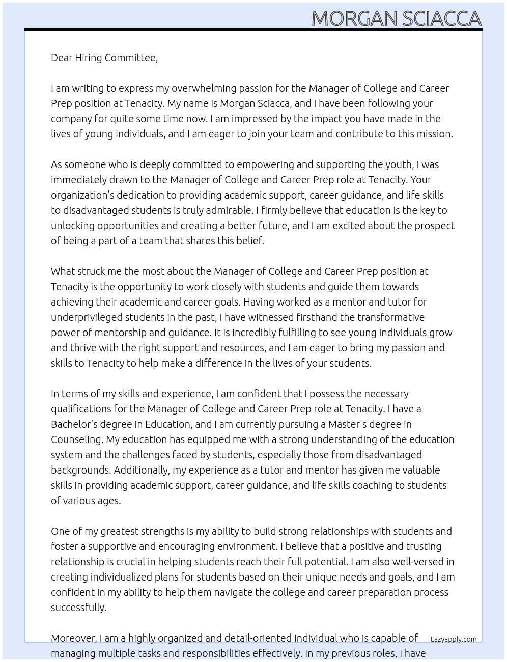 Manager of College and Career Prep At Tenacity Cover Letter