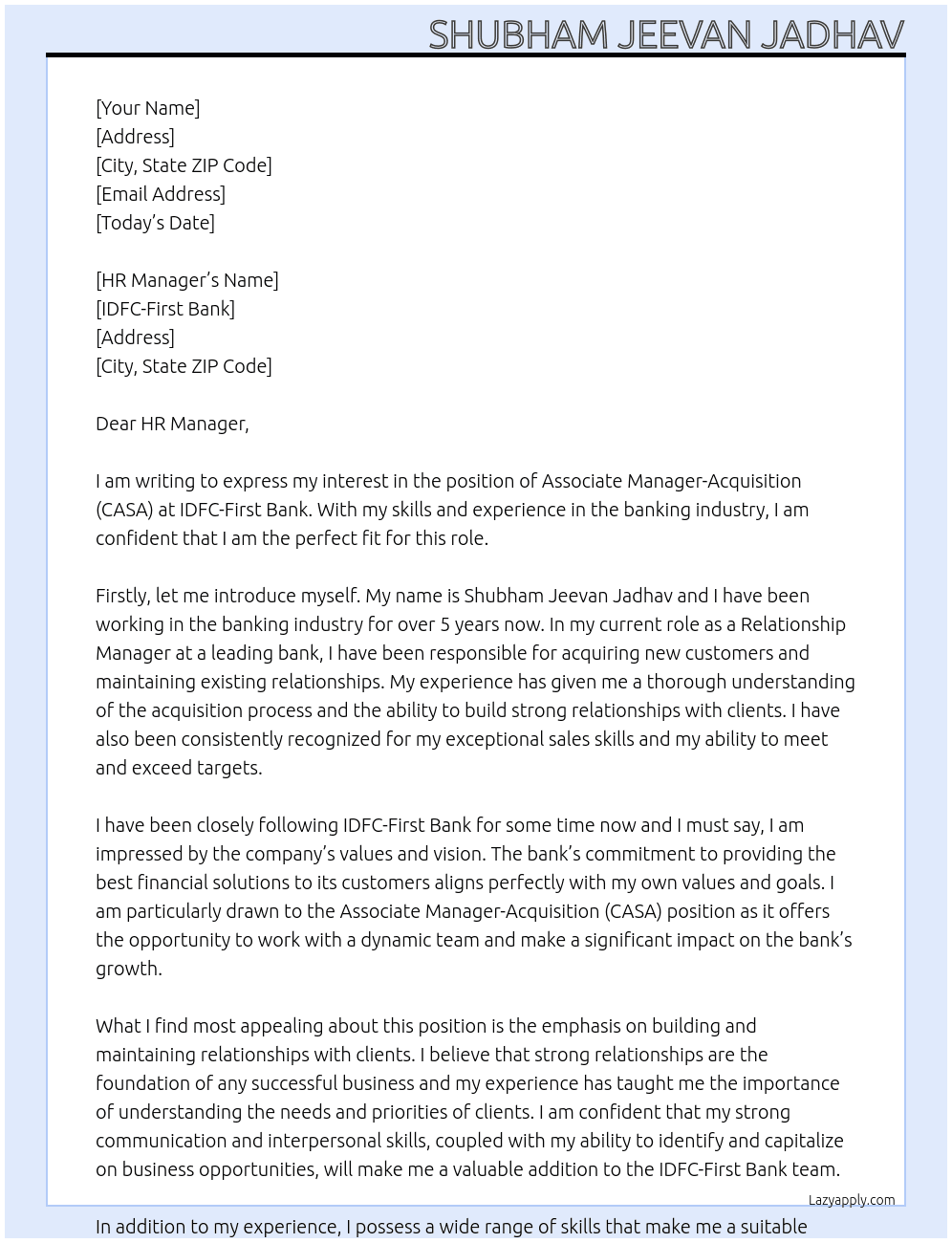 Associate Manager-Acquisition (CASA) At IDFC-FIRST BANK Cover Letter