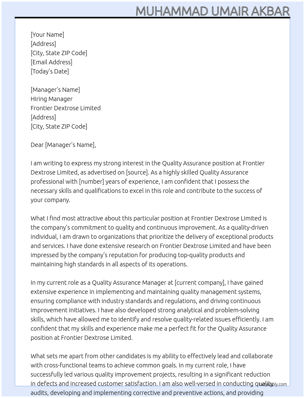 Quality Assurance At Frontier Dextrose limited Cover Letter
