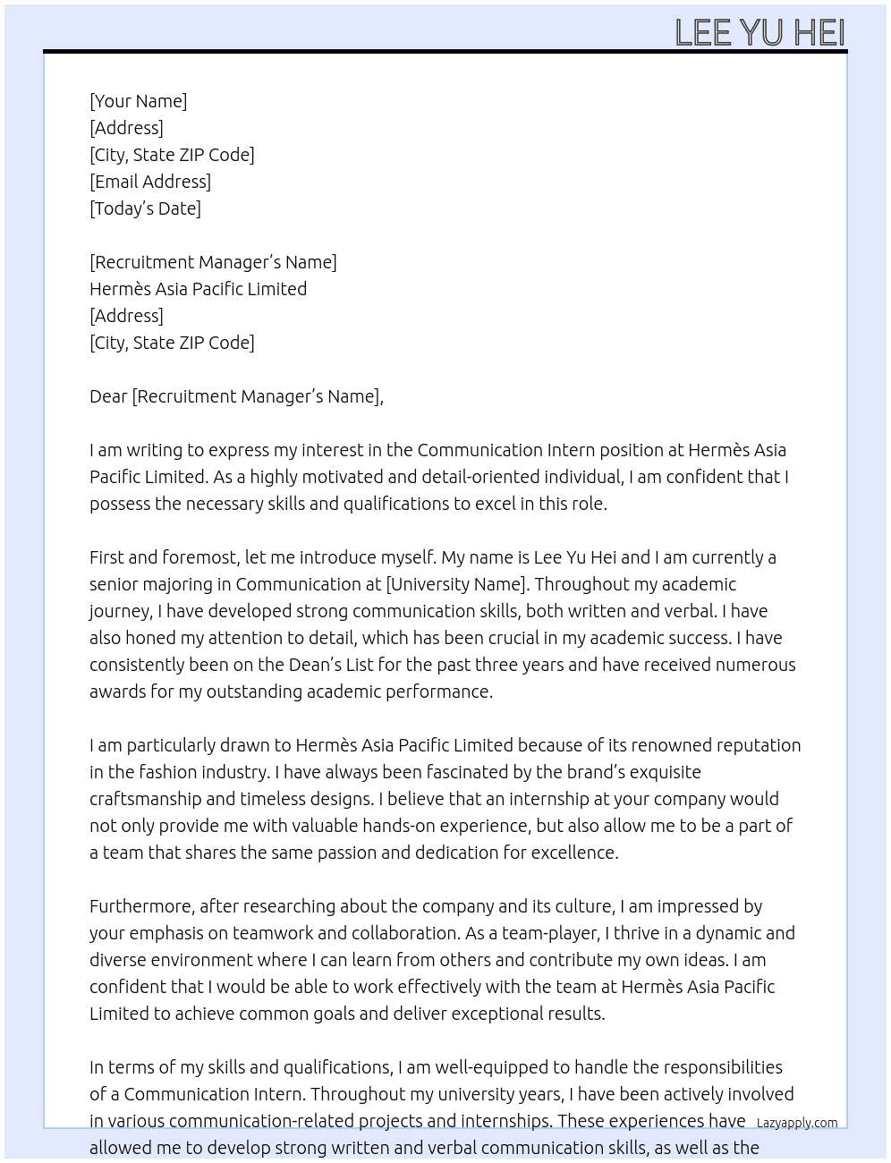 Communication Intern At Hermès Asia Pacific Limited Cover Letter