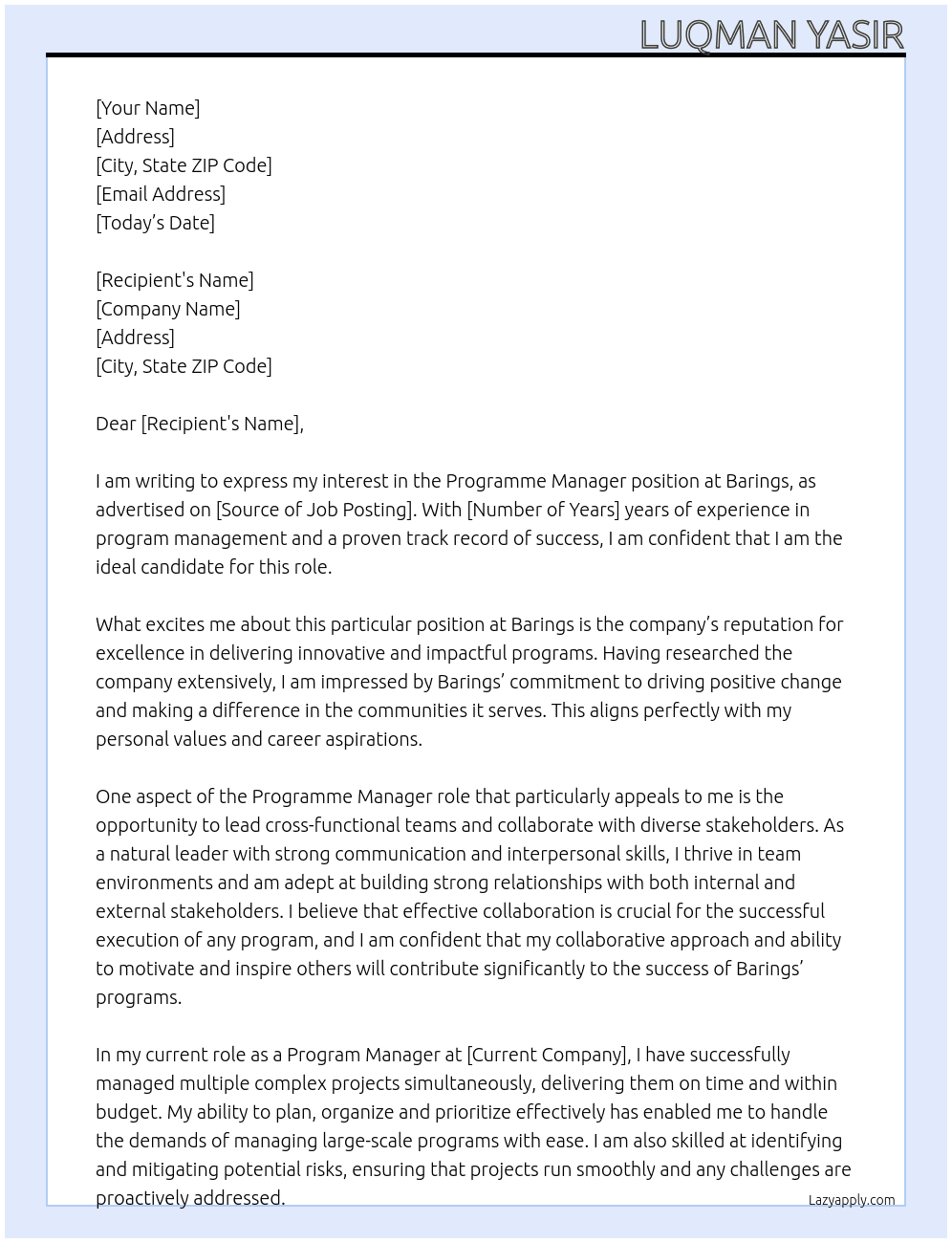 Programme manager At Barings Cover Letter