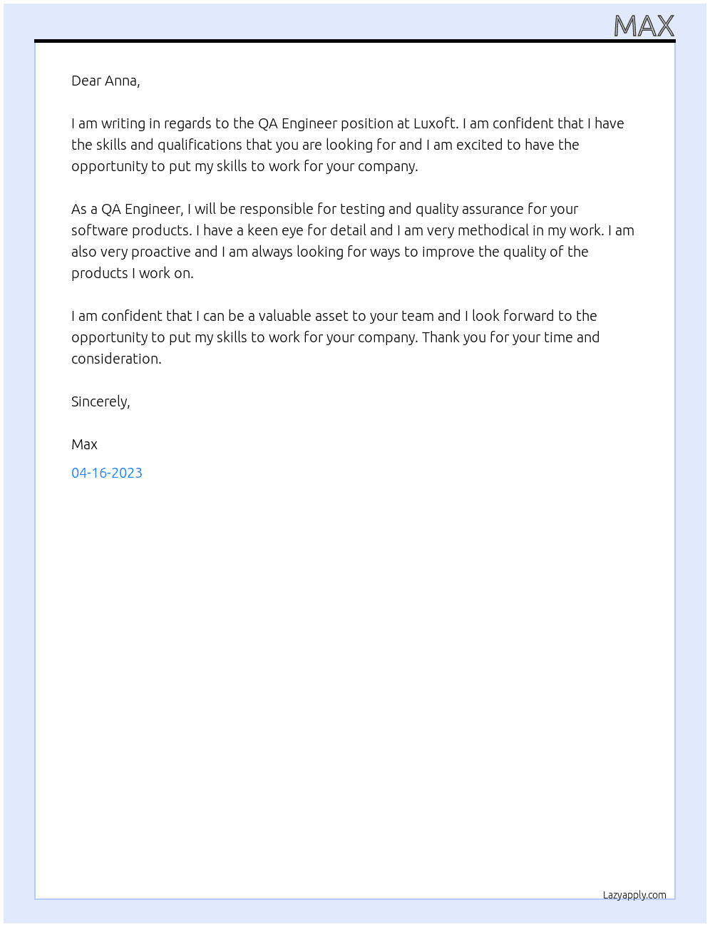 QA Engineer At Luxoft Cover Letter