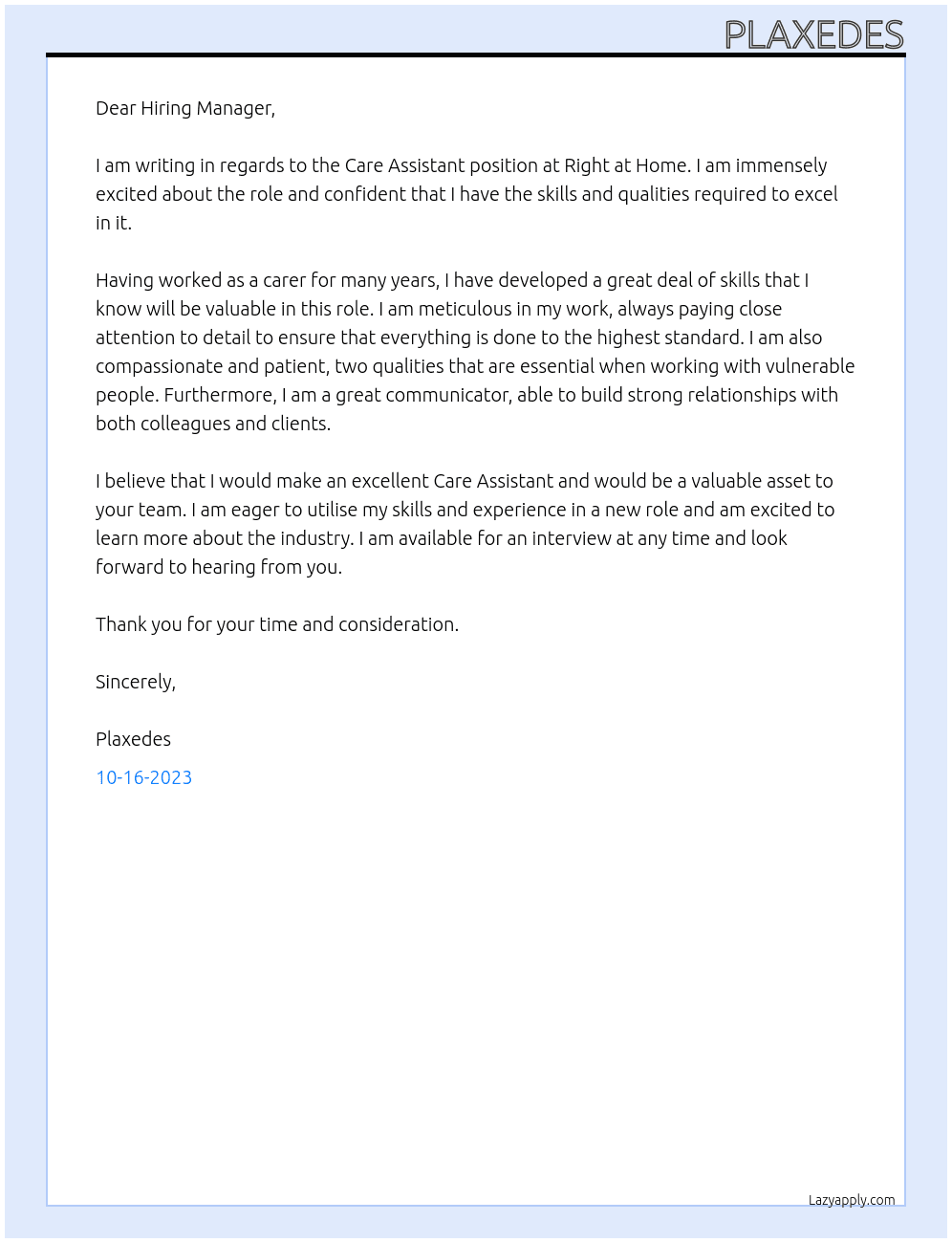 Care Assistant At Right at home Cover Letter