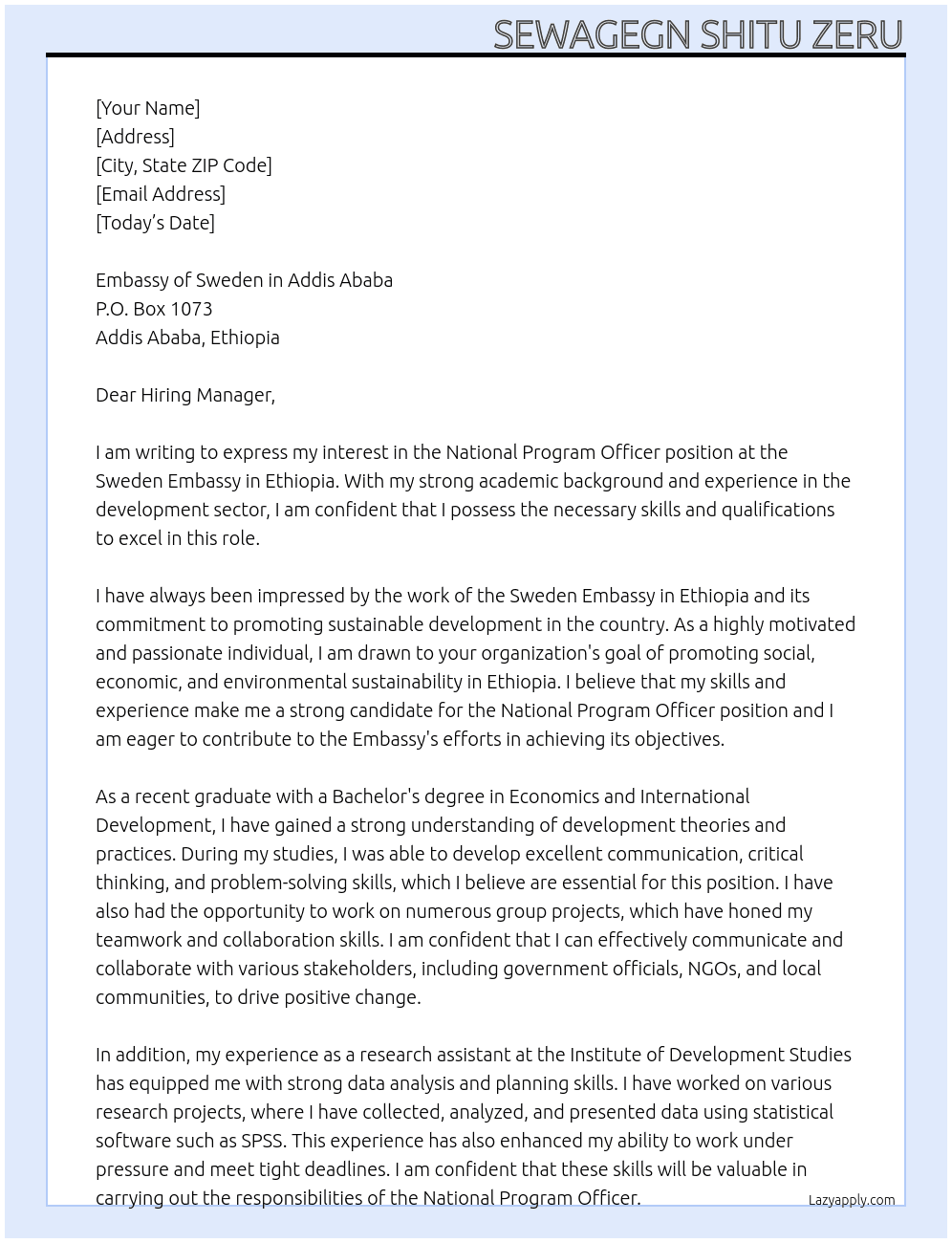 National Program Officer At Sweden Embassy in Ethiopia Cover Letter