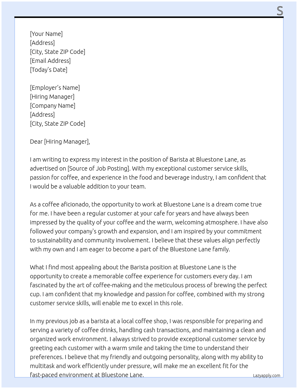 barista At Bluestone Lane Cover Letter