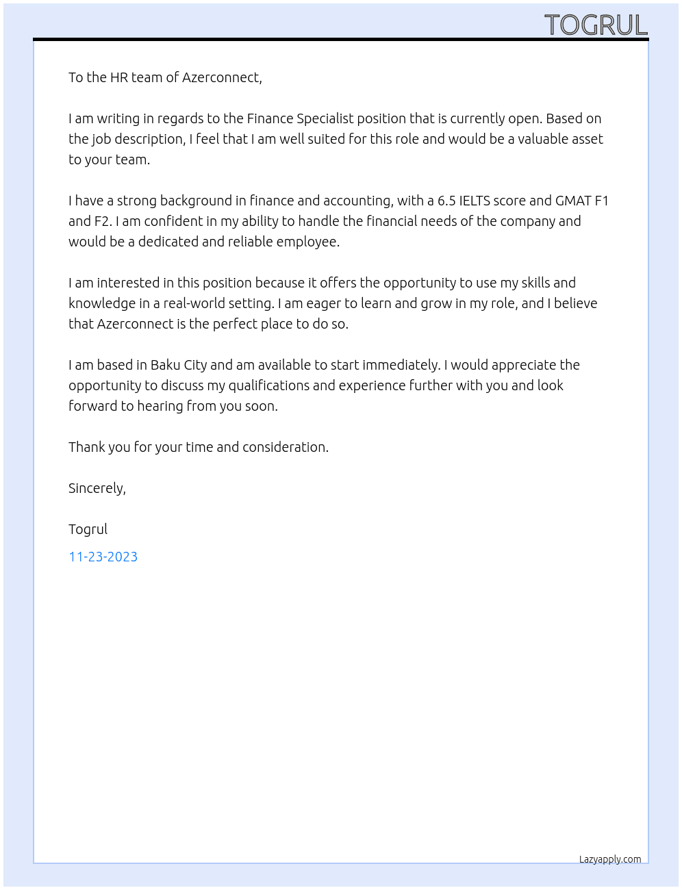 Finance specialiat At Azerconnect Cover Letter