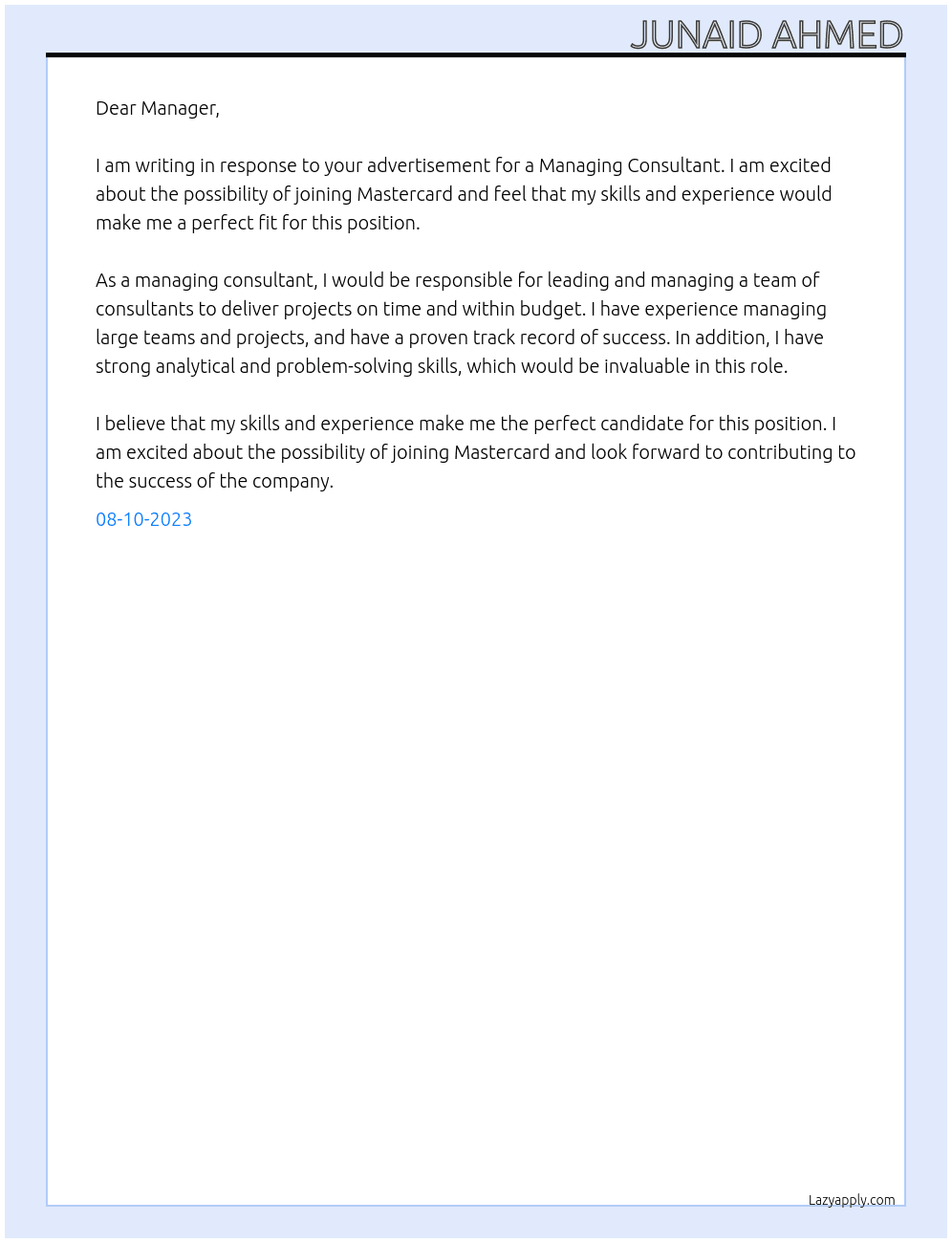 Managing Consultant At Mastercard Cover Letter
