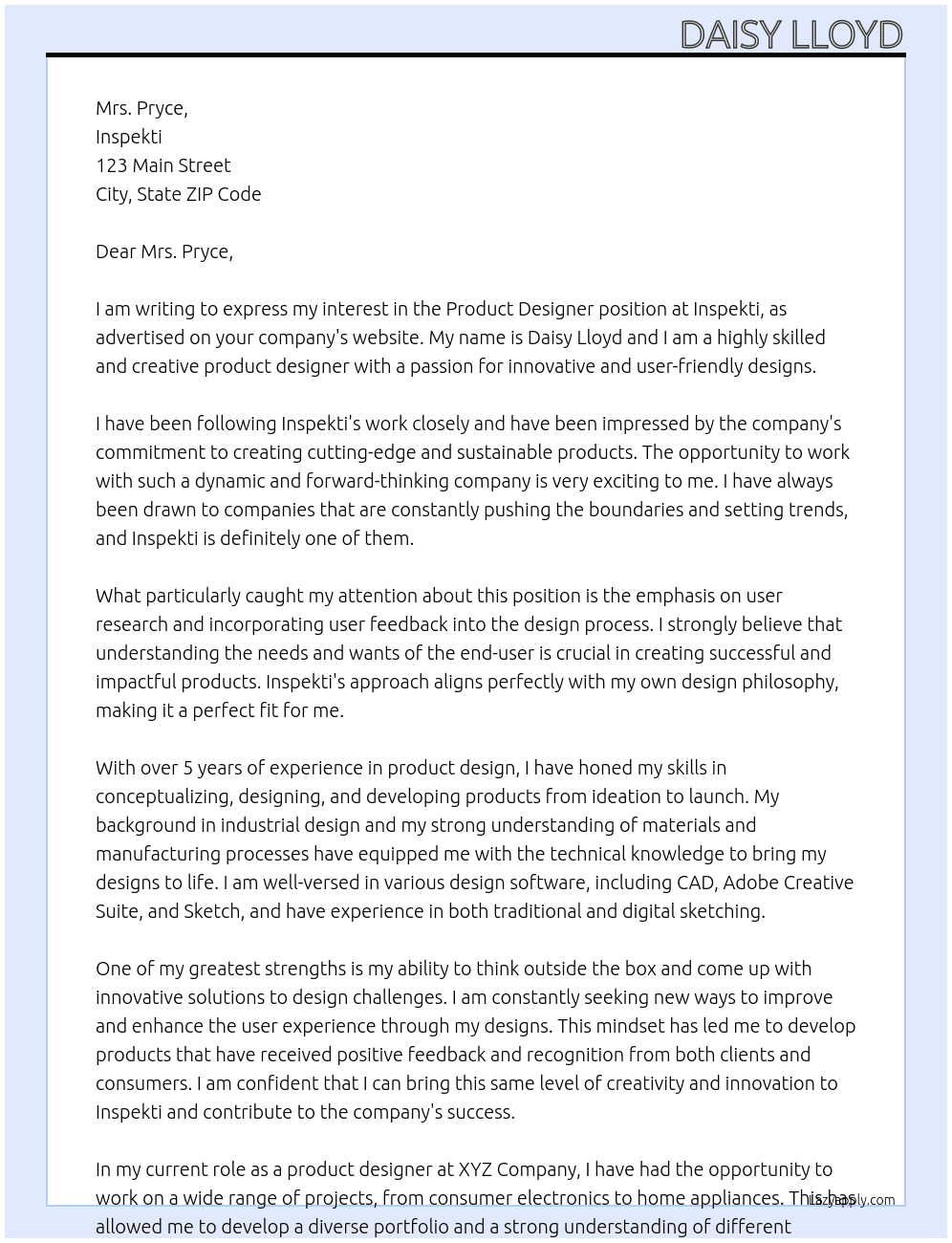 product designer At Inspekti Cover Letter