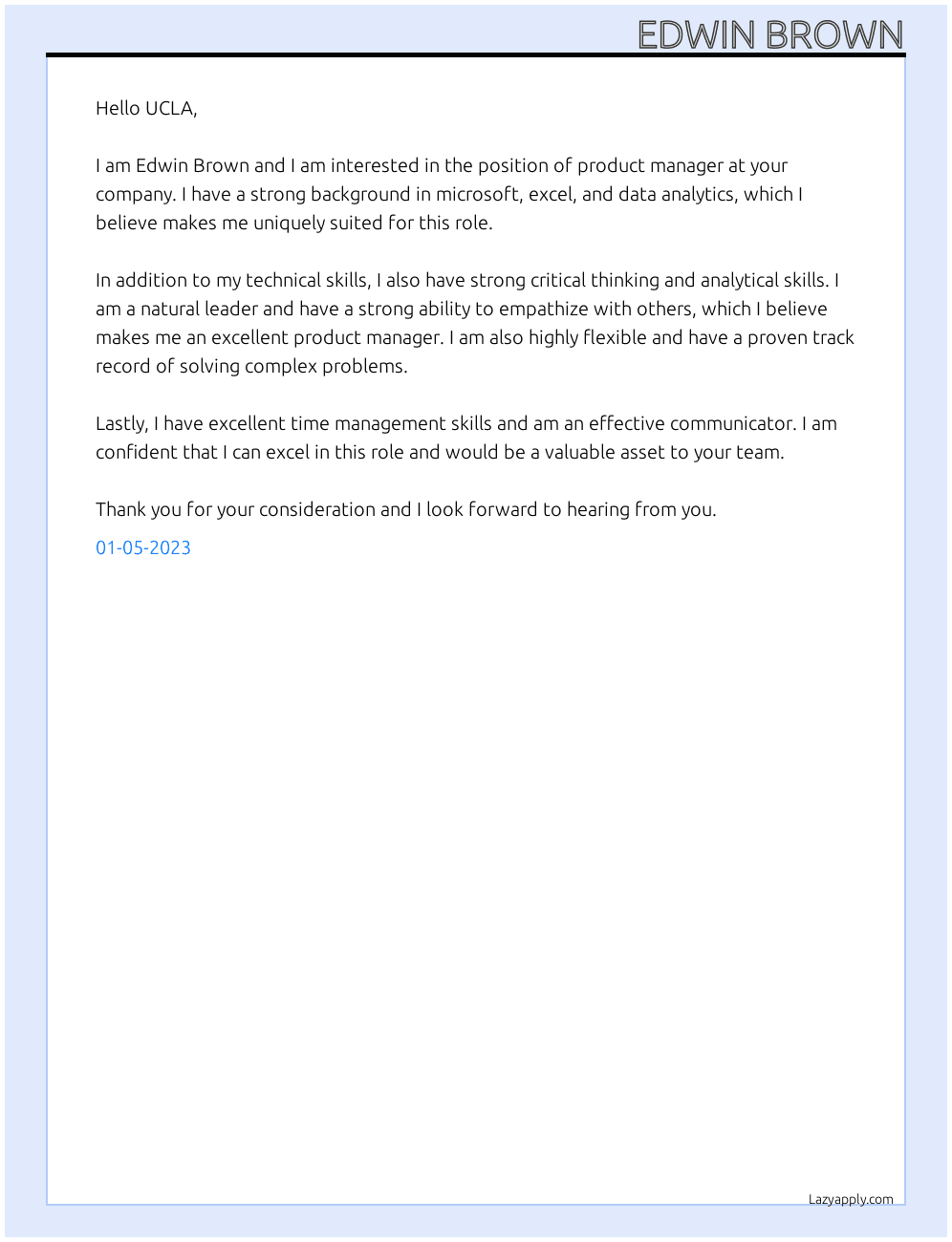 product manager At UCLA Cover Letter