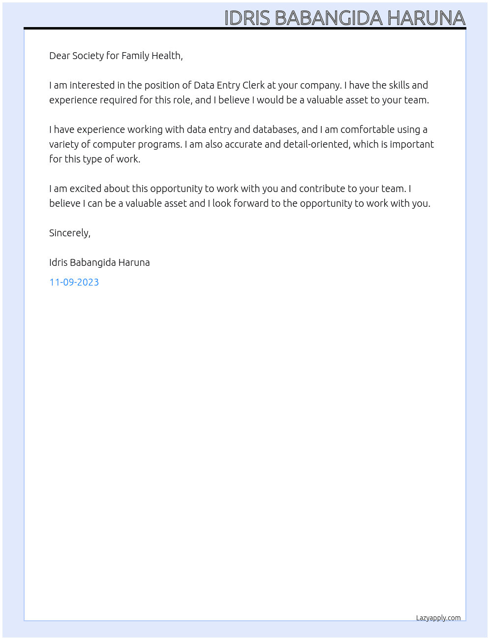 Data Entry Clark At Society for Family Health Cover Letter