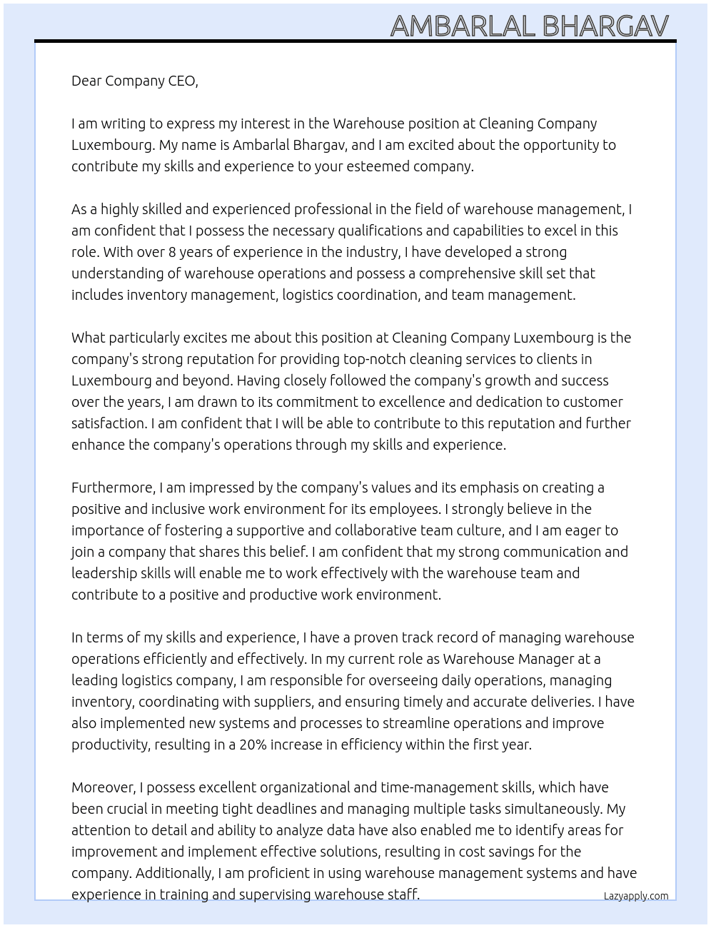 Warehouse At Cleaning company Luxembourg Cover Letter
