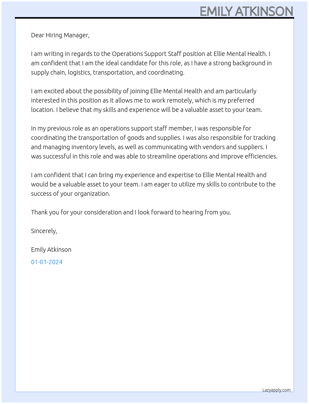 Operations Support Staff At Ellie Mental Health Cover Letter