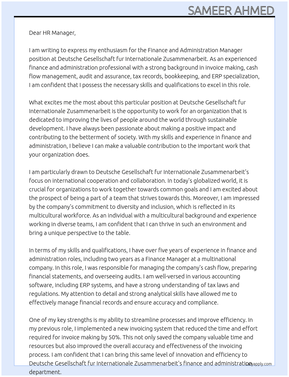 Finance and Administration Manager At Deutsche Gesellschaft fur Internationale Zusammenarbeit Cover Letter