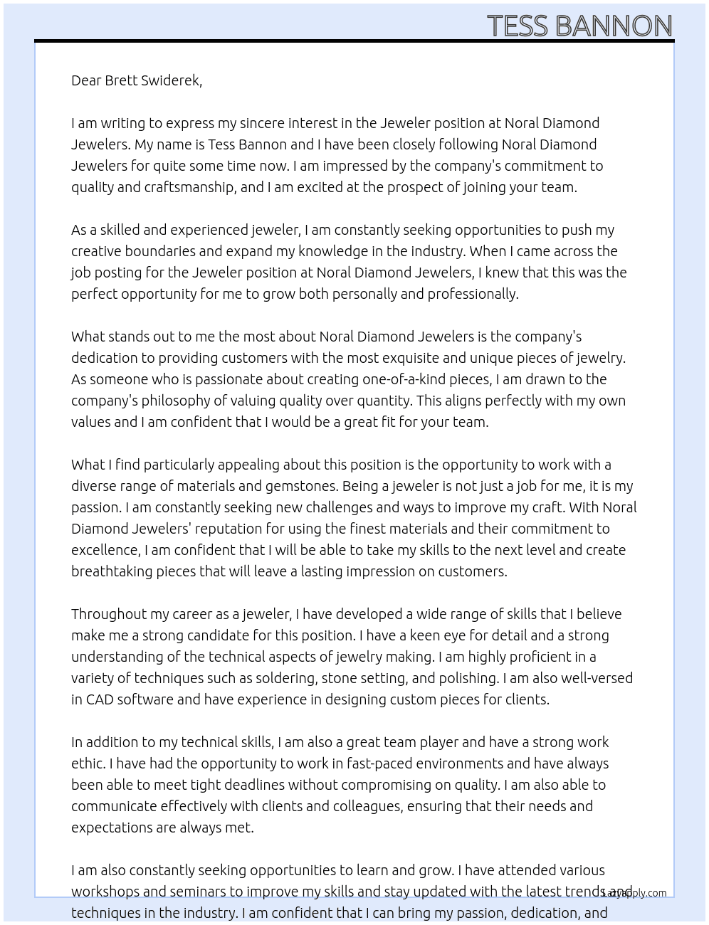 Jeweler At Noral Diamond Jewelers Cover Letter