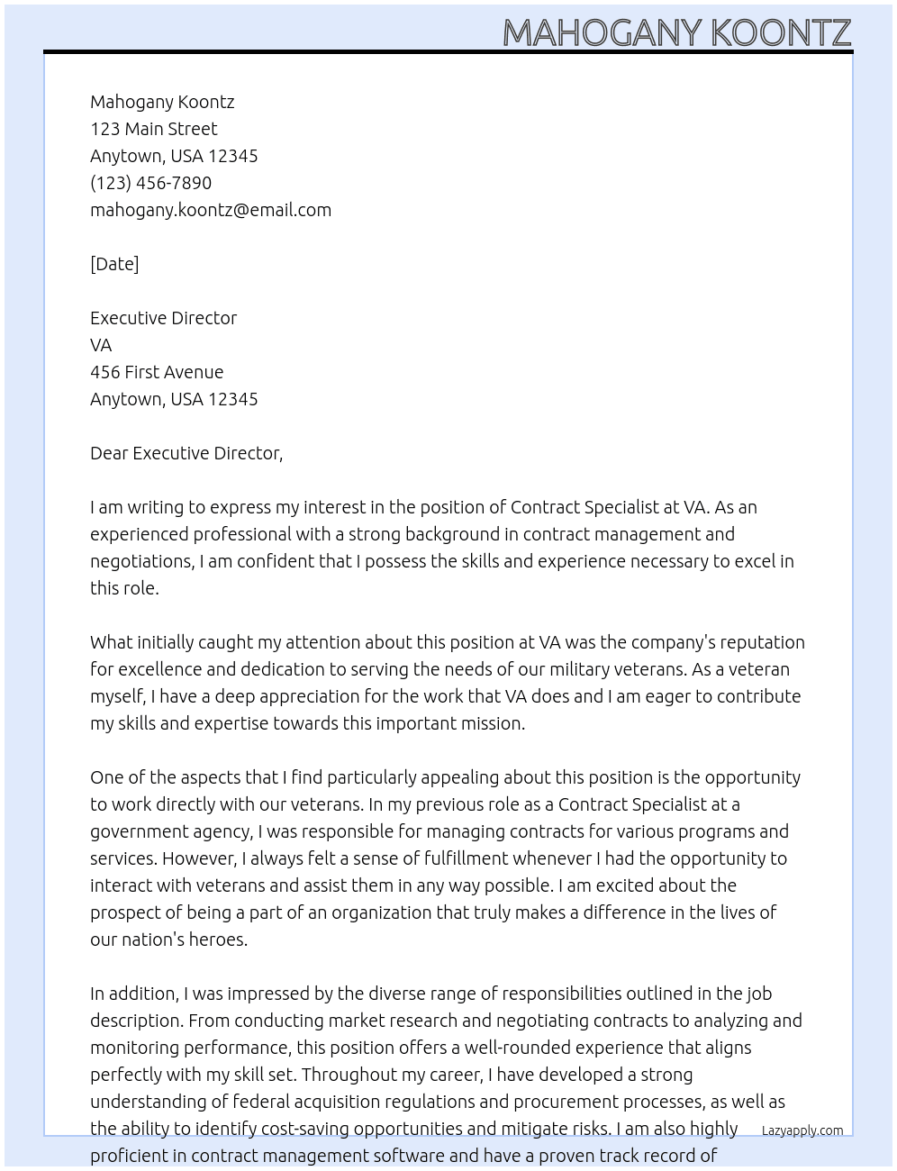 Contract Specialist At VA Cover Letter