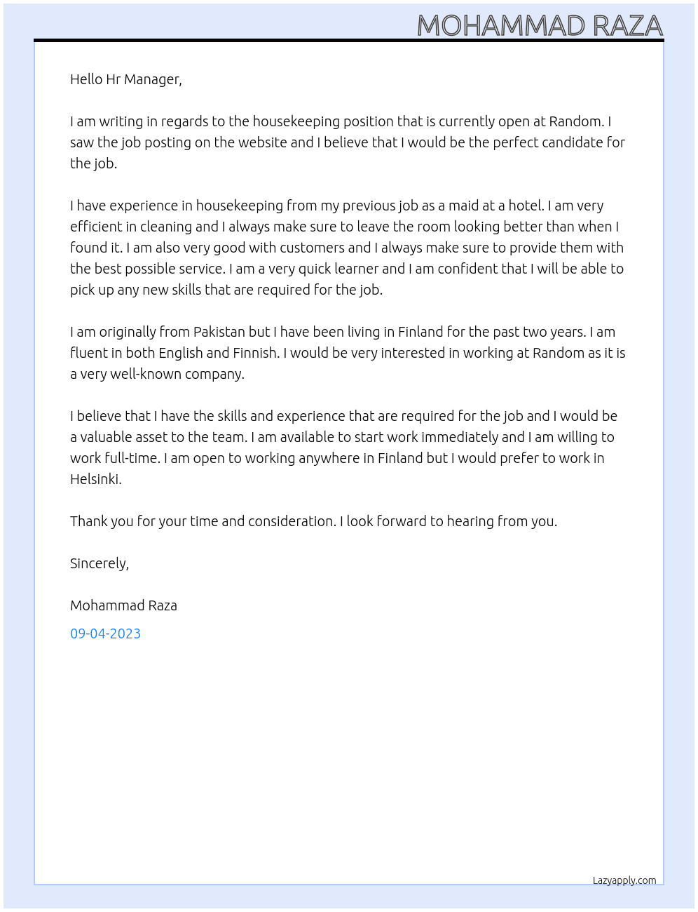 Housekeeping At Random Cover Letter