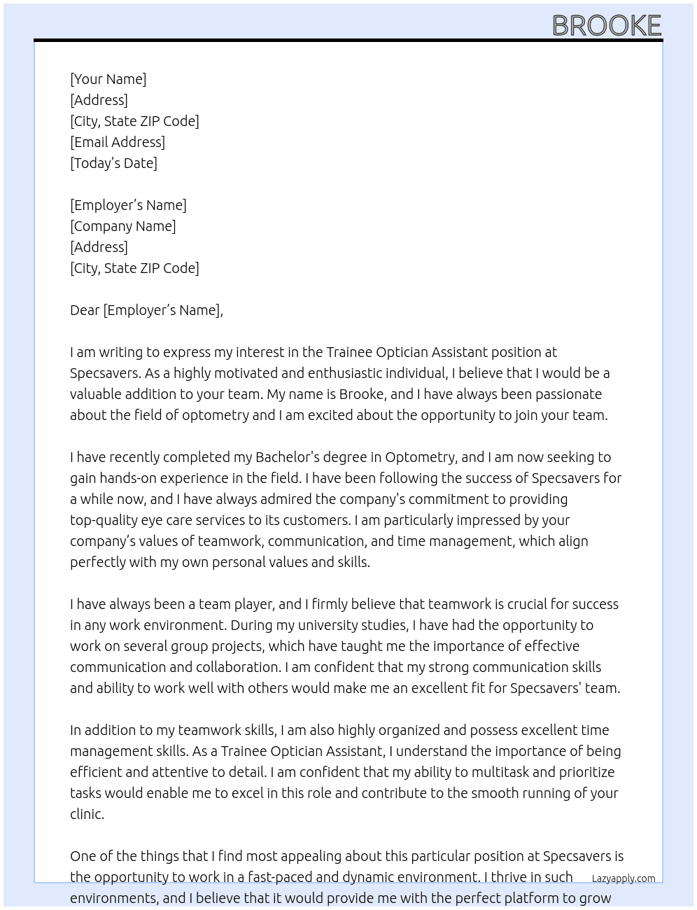 Trainee optician assistant At Specsavers Cover Letter