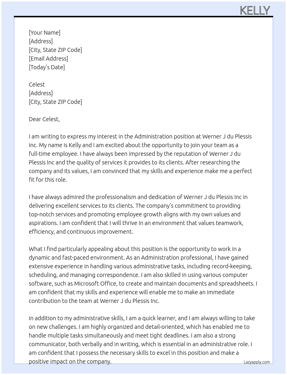 Administration  At Werner J du Plessis Inc Cover Letter