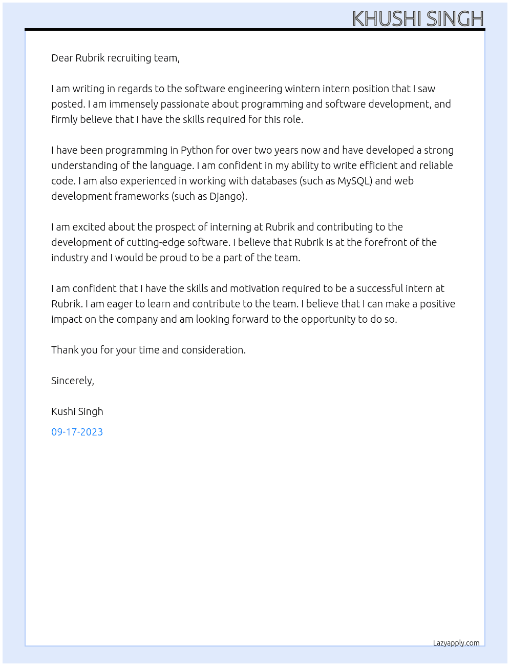 Software Engineering wintern intern At Rubrik Cover Letter