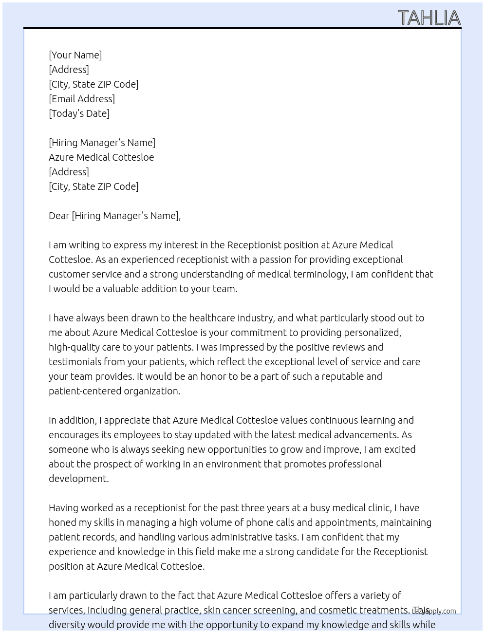 Receptionist At Azure Medical Cottesloe  Cover Letter