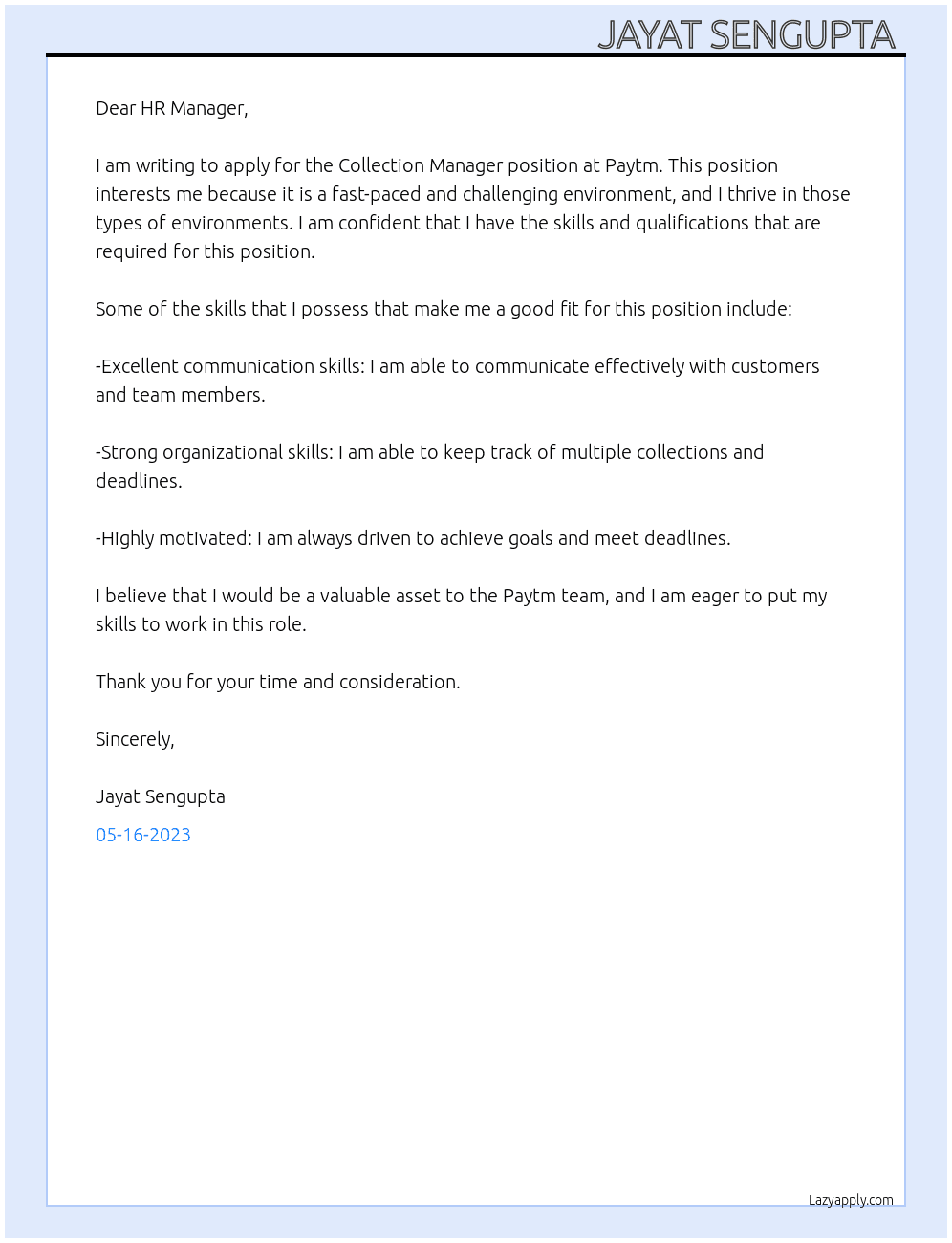 Collection Manager  At Paytm  Cover Letter