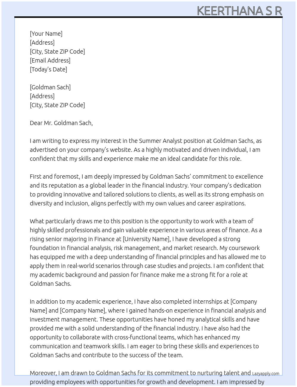 Summer analyst At Goldman Sach Cover Letter