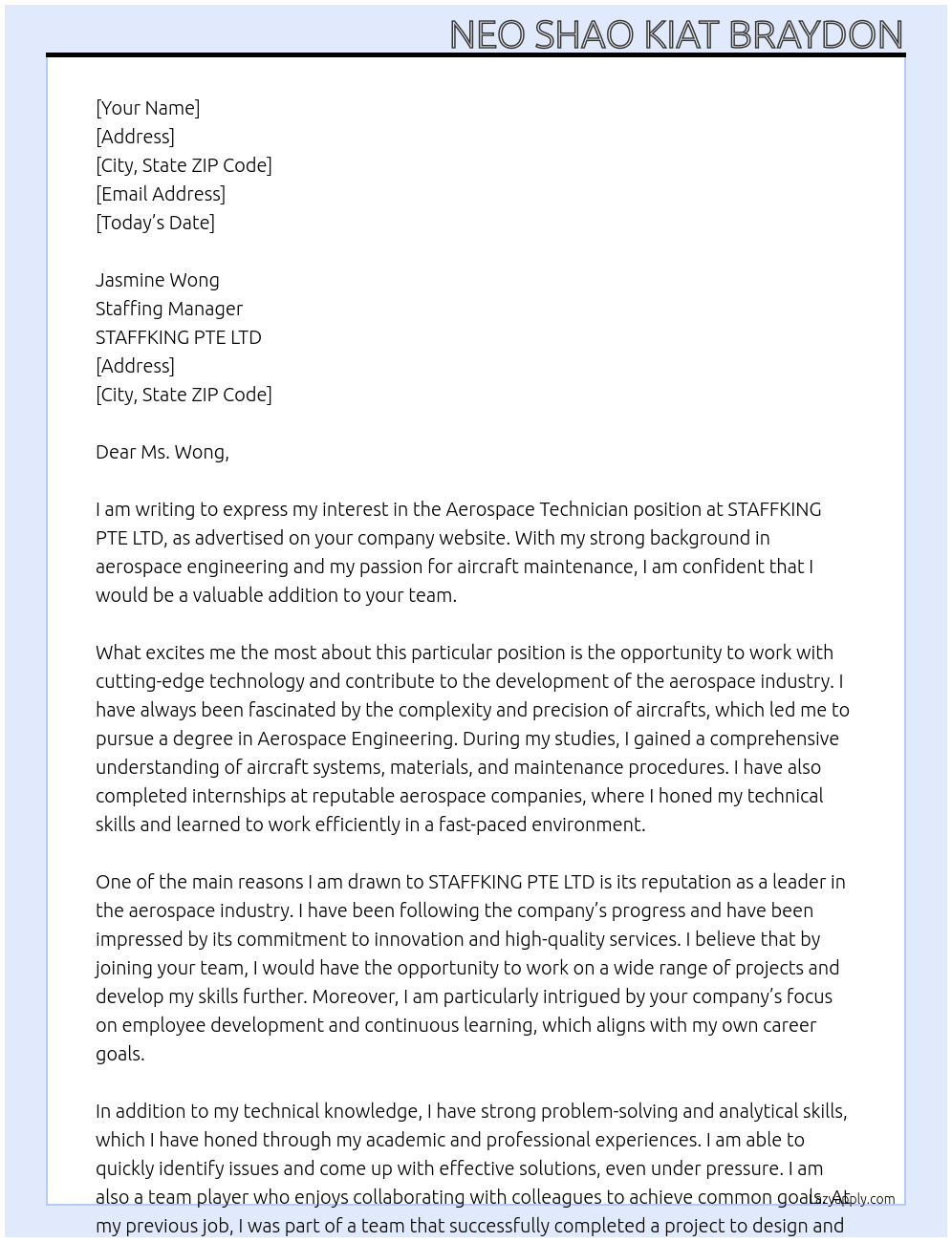 Aerospace Technician  At STAFFKING PTE LTD Cover Letter