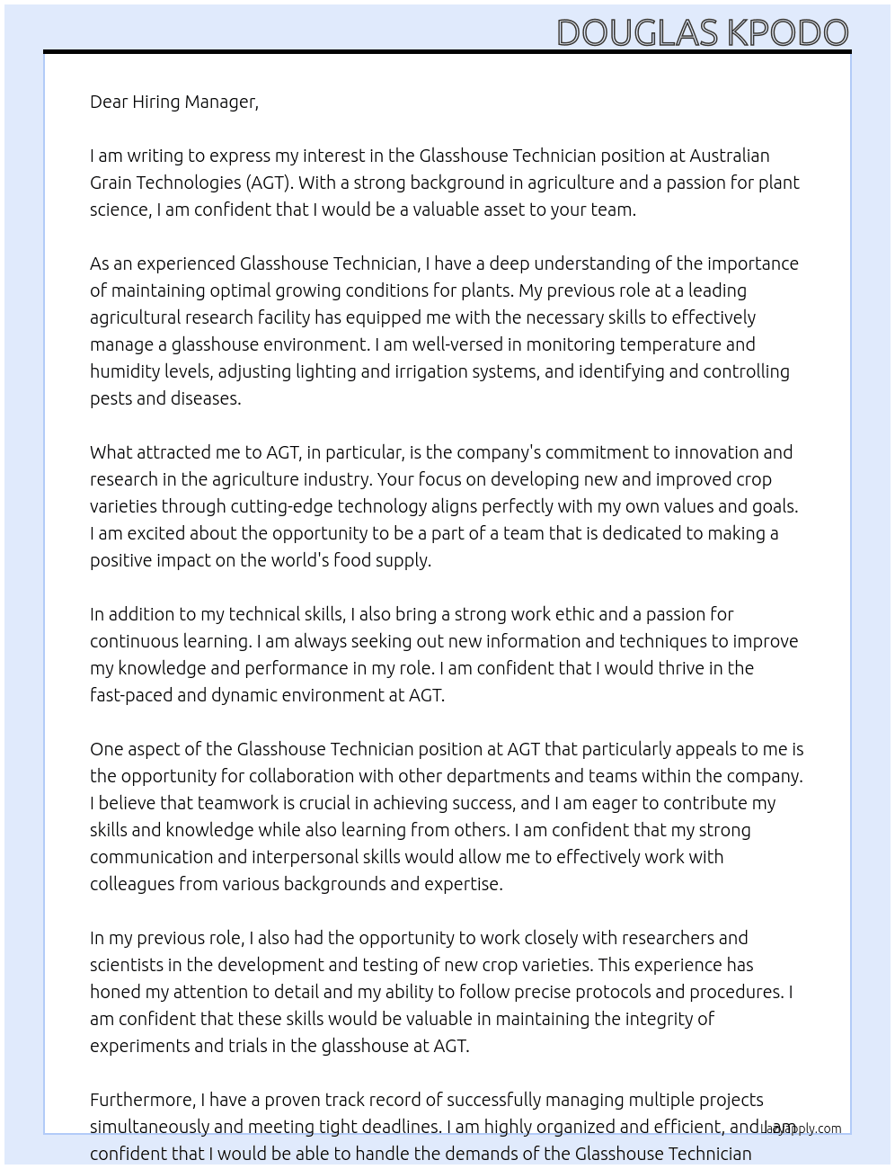 Cover letter for glasshouse technician - agriculture - LazyApply