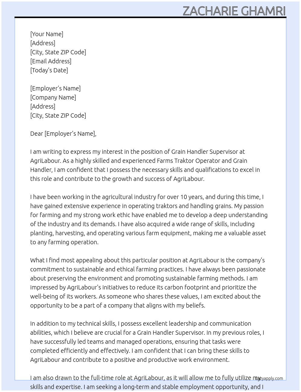 Grain Handler At AgriLabour Cover Letter