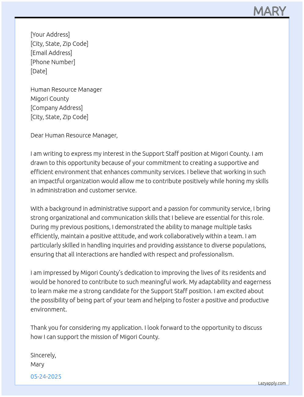Cover letter for support staff - LazyApply