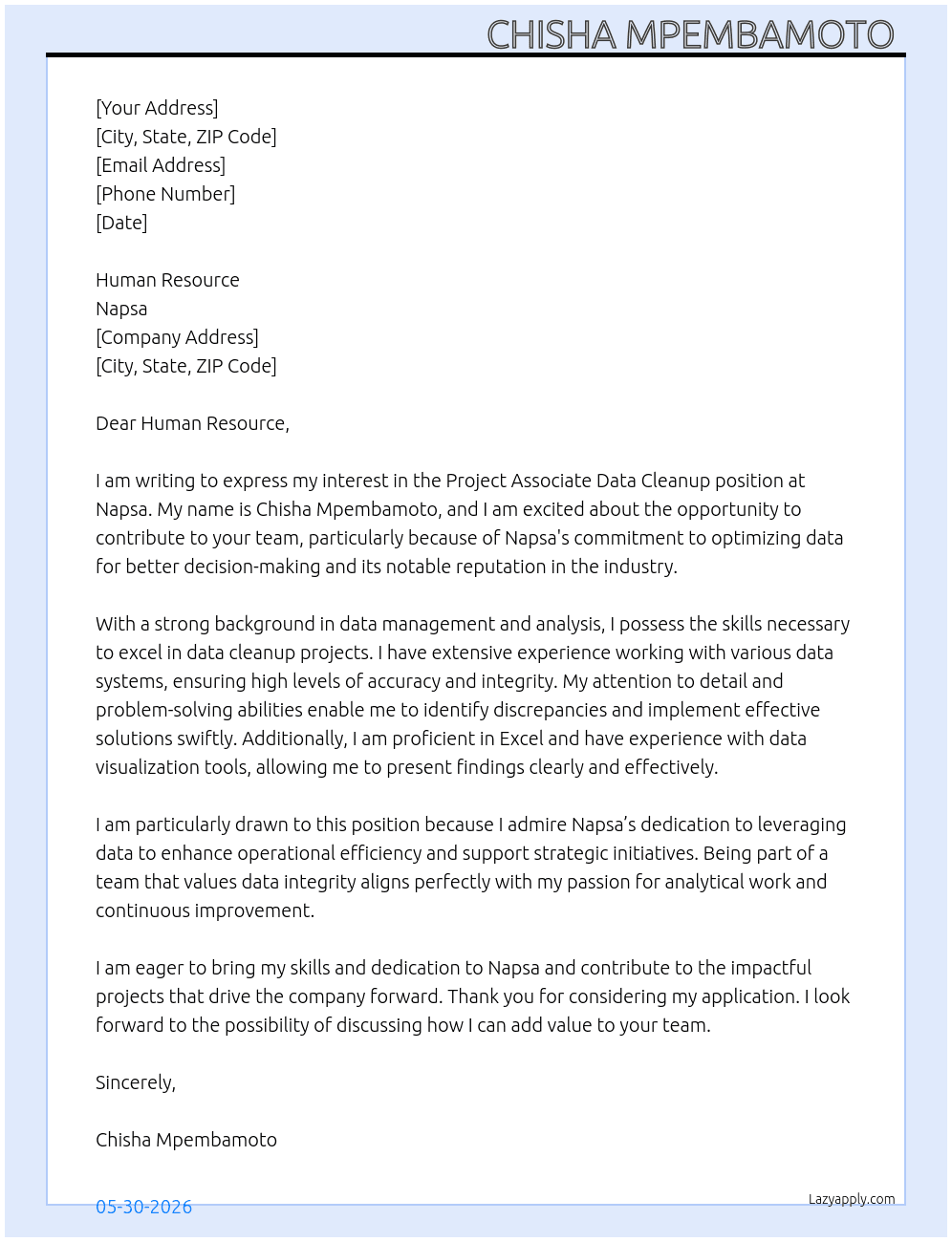 Project Associate Data cleanup  At Napsa Cover Letter