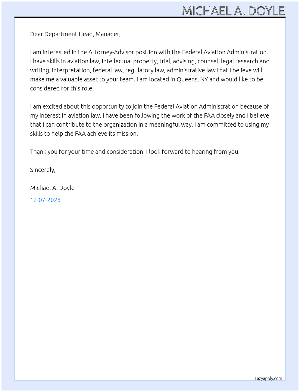 Attorney-Advisor At Federal Aviation Administration Cover Letter