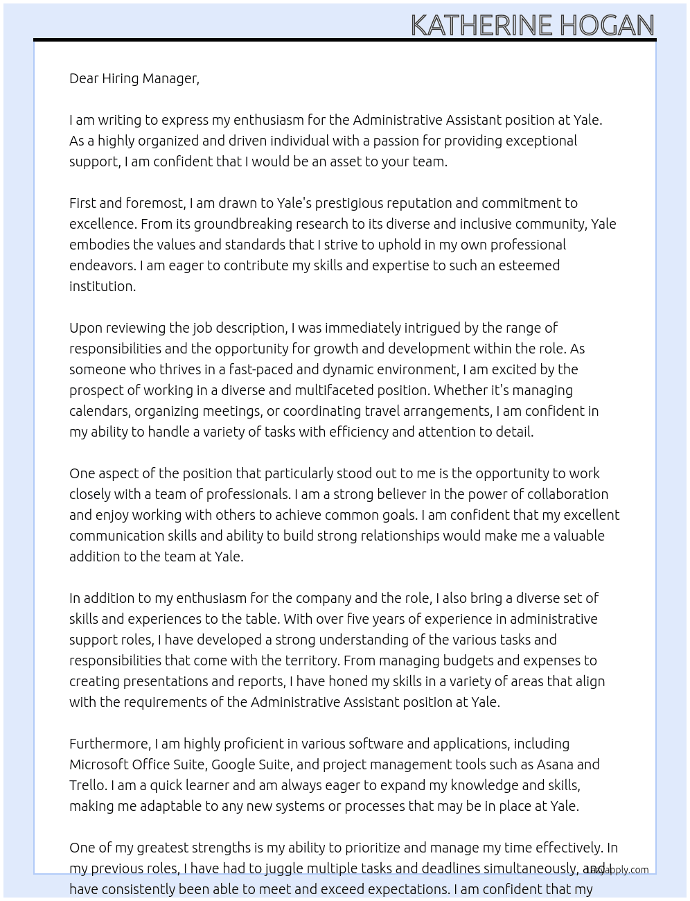 Administrative Assistant  At Yale Cover Letter