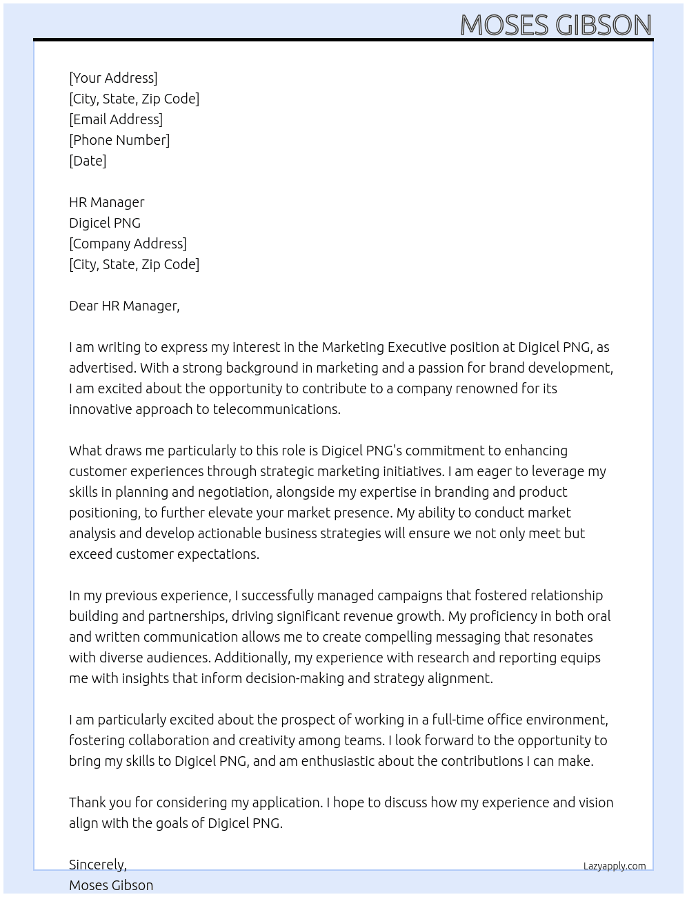 Marketing Executive At Digicel PNG Cover Letter