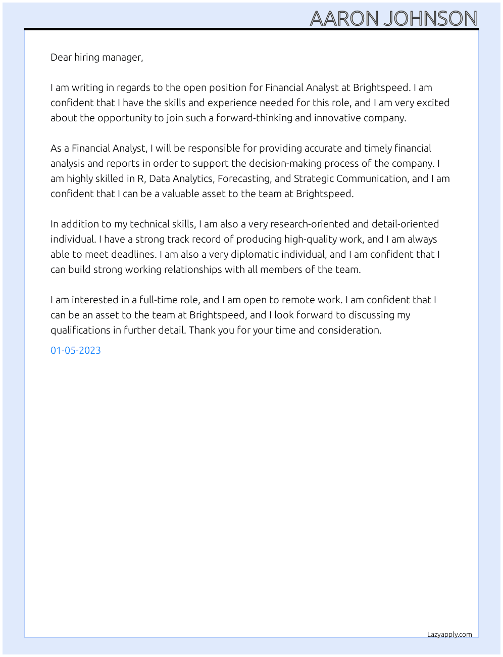 Financial Analyst At Brightspeed Cover Letter