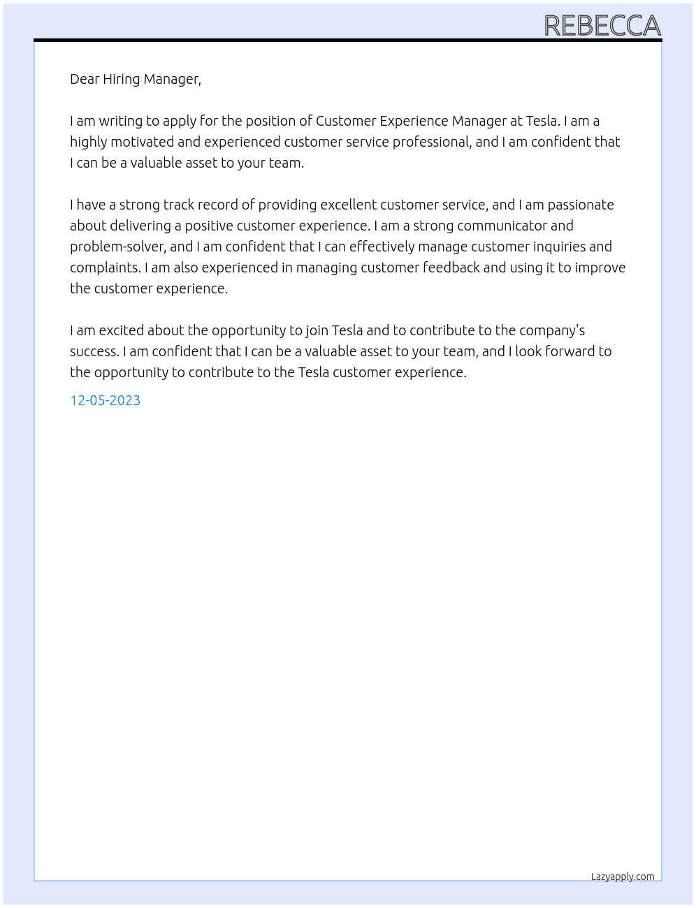 Customer Experience Manager At Tesla Cover Letter