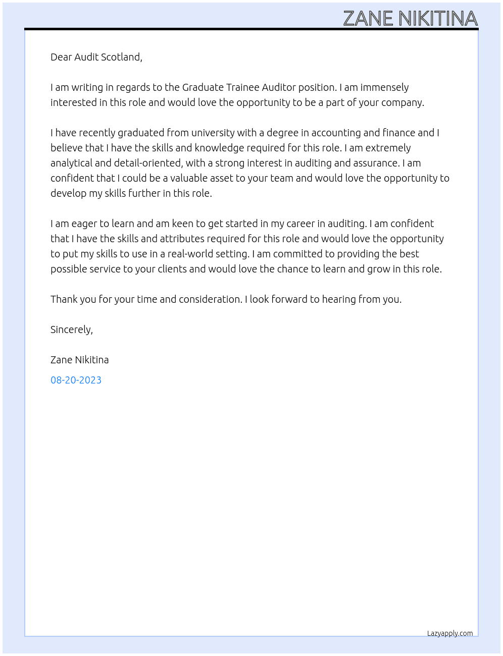 Graduate Trainee Auditor  At Audit Scotland Cover Letter