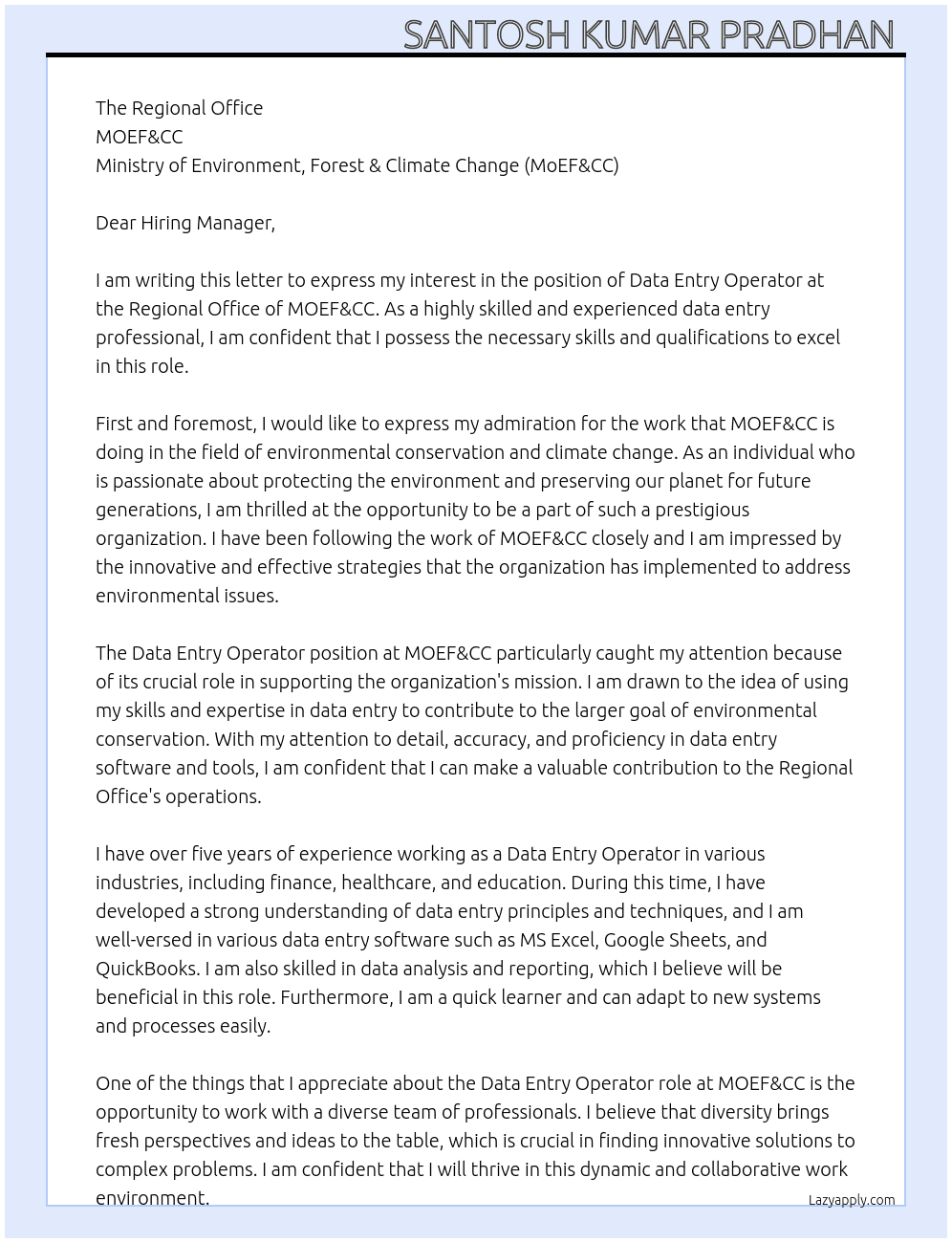 Data Entry Operator  At Ministry of Environment, Forest & Climate Change (MoEF&CC) Cover Letter