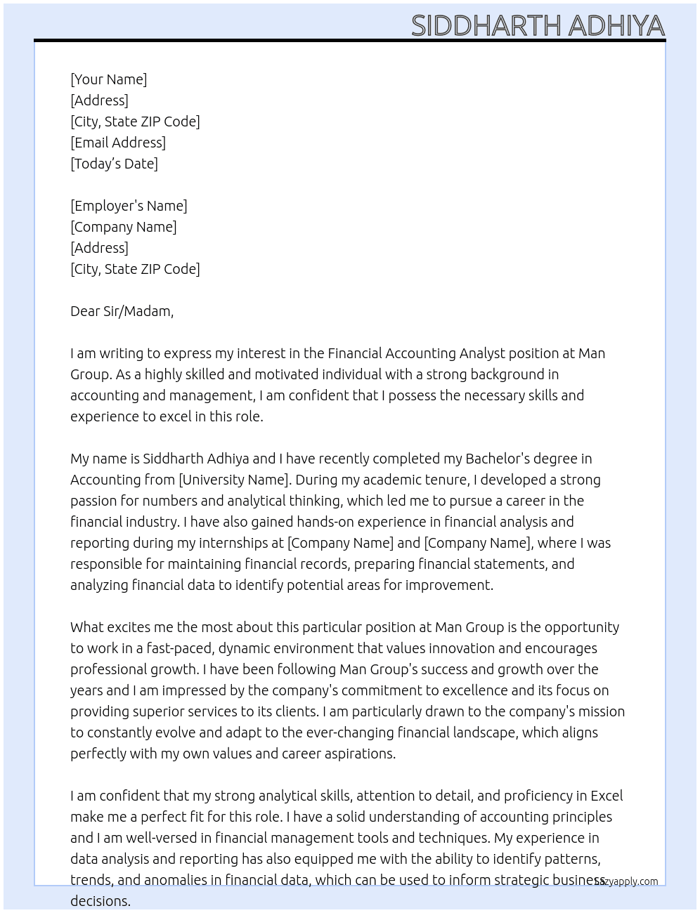 Financial Accounting Analyst At Man Group Cover Letter