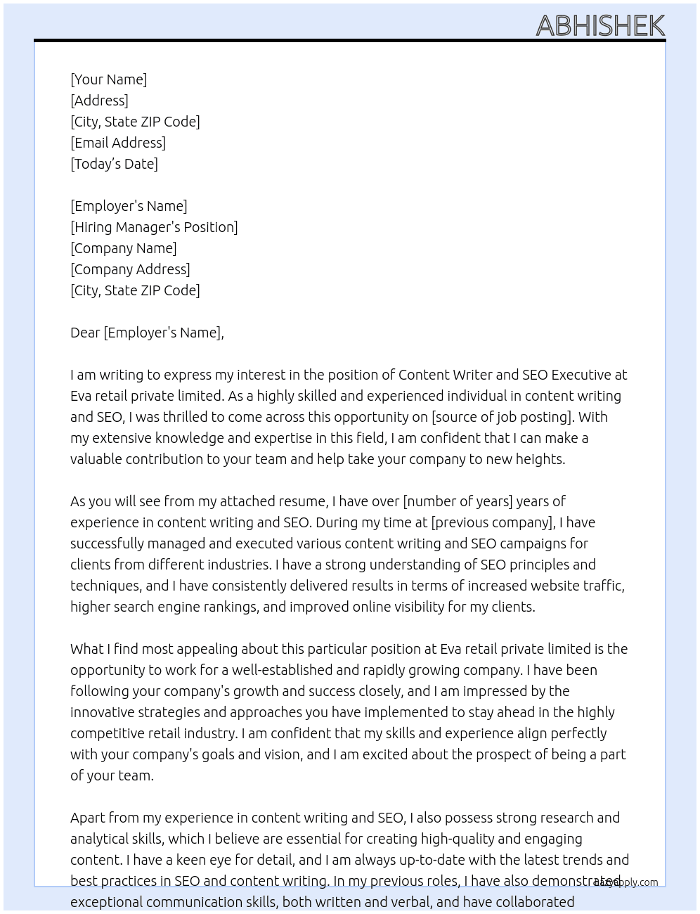 Content writer and SEO EXECUTIVE At Eva retail private limited Cover Letter