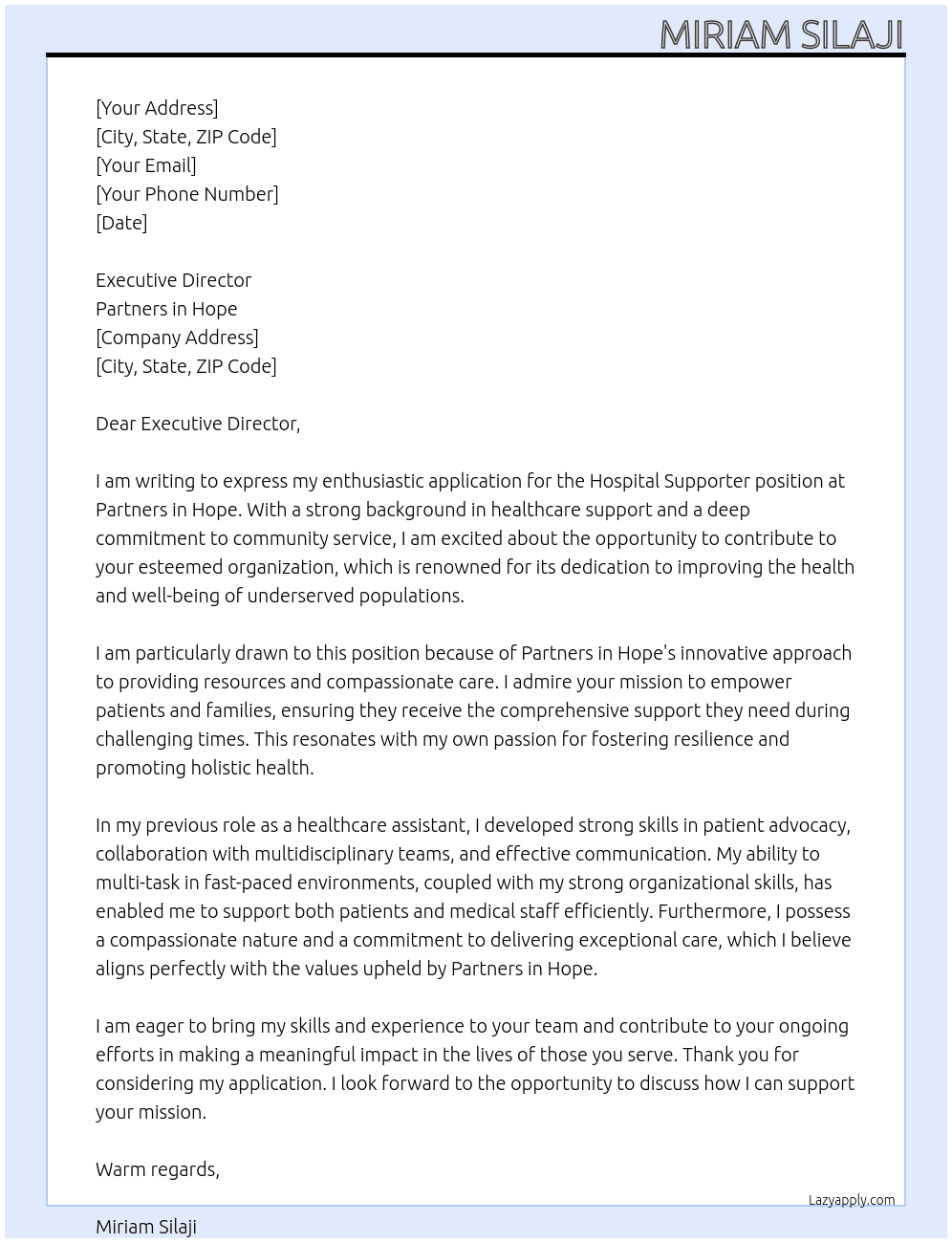 Hospital supporter At Partners in hope Cover Letter